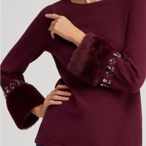 Chico’s pullover bateau neck sweater fur trimmed with crystals, Deep Merlot